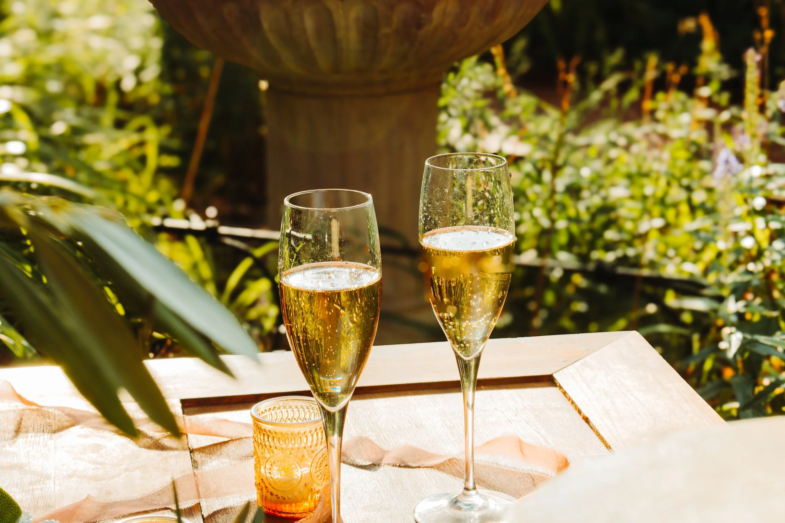Two glasses of champagne on a wooden table outdoors with greenery in the background.