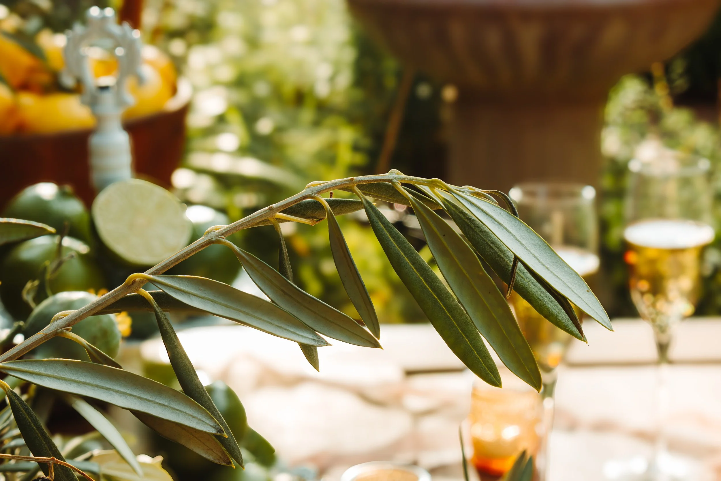 Close-up of an olive branch with green olives and leaves, on a table with blurred background of a salad, glasses, and a wooden bowl.