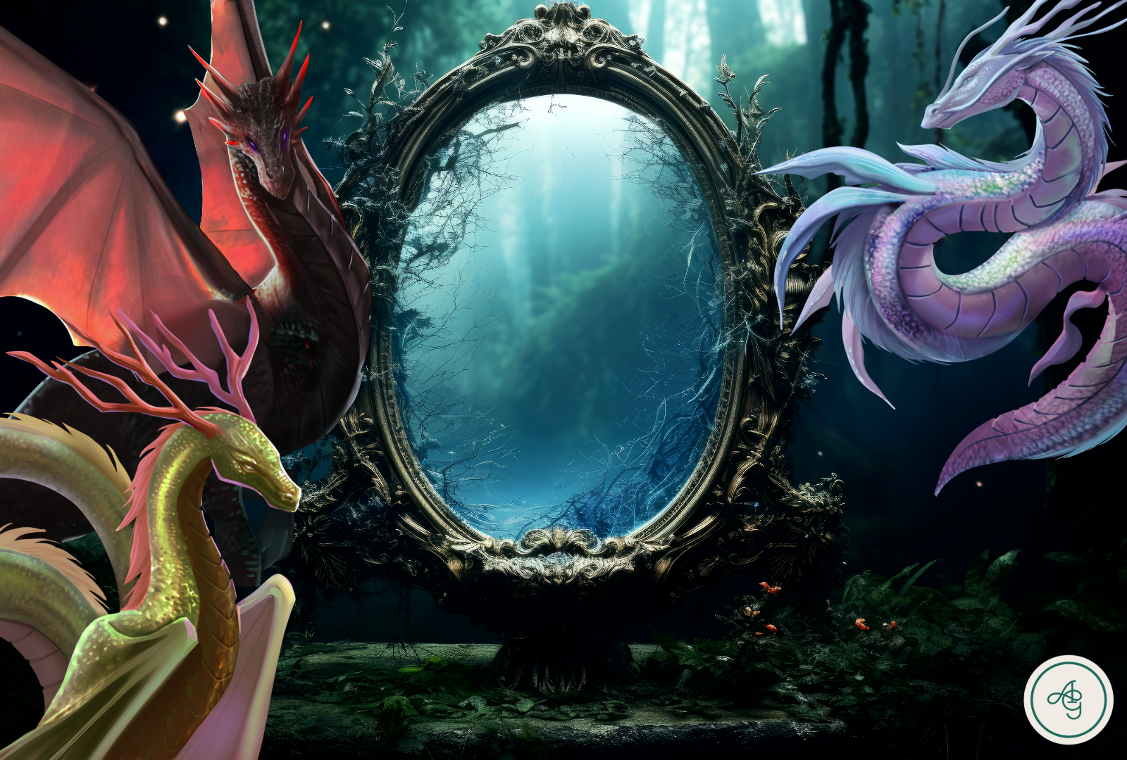 A fantasy scene with four colorful dragons surrounding an ornate mirror in a mystical forest. The dragons have vibrant, detailed scales and are positioned around the mirror, which reflects a luminous sky and trees.