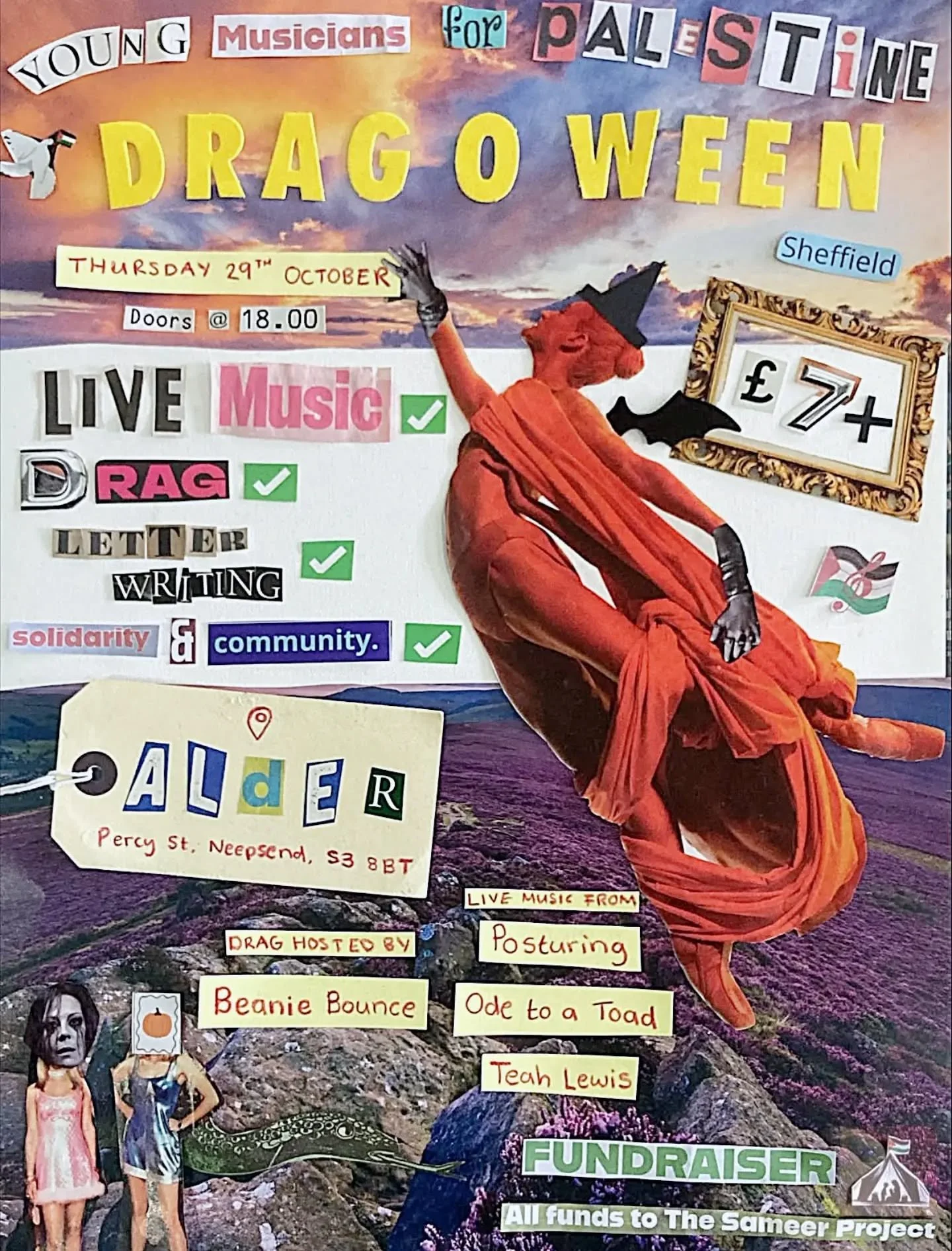 We're helping our friends at @youngmusiciansforpalestine with a very special Palestine fundraiser show at @alder_bar_sheff 
The 29th October is going to be a night choker full of music, drag, letter writing, stalls. Don't miss it!

We've got @mia_art