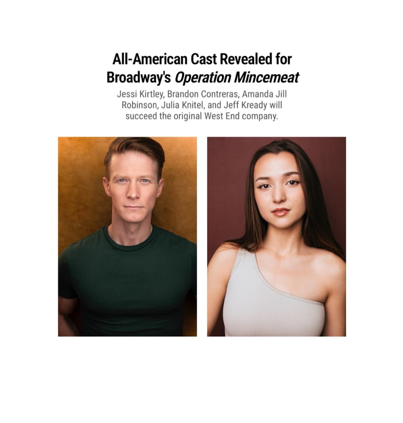 Just announced! @jk_ready &amp; @jmkirt will star in @mincemeatbway - Congratulations, Jeff &amp; Jessi! ⭐️ via @playbill