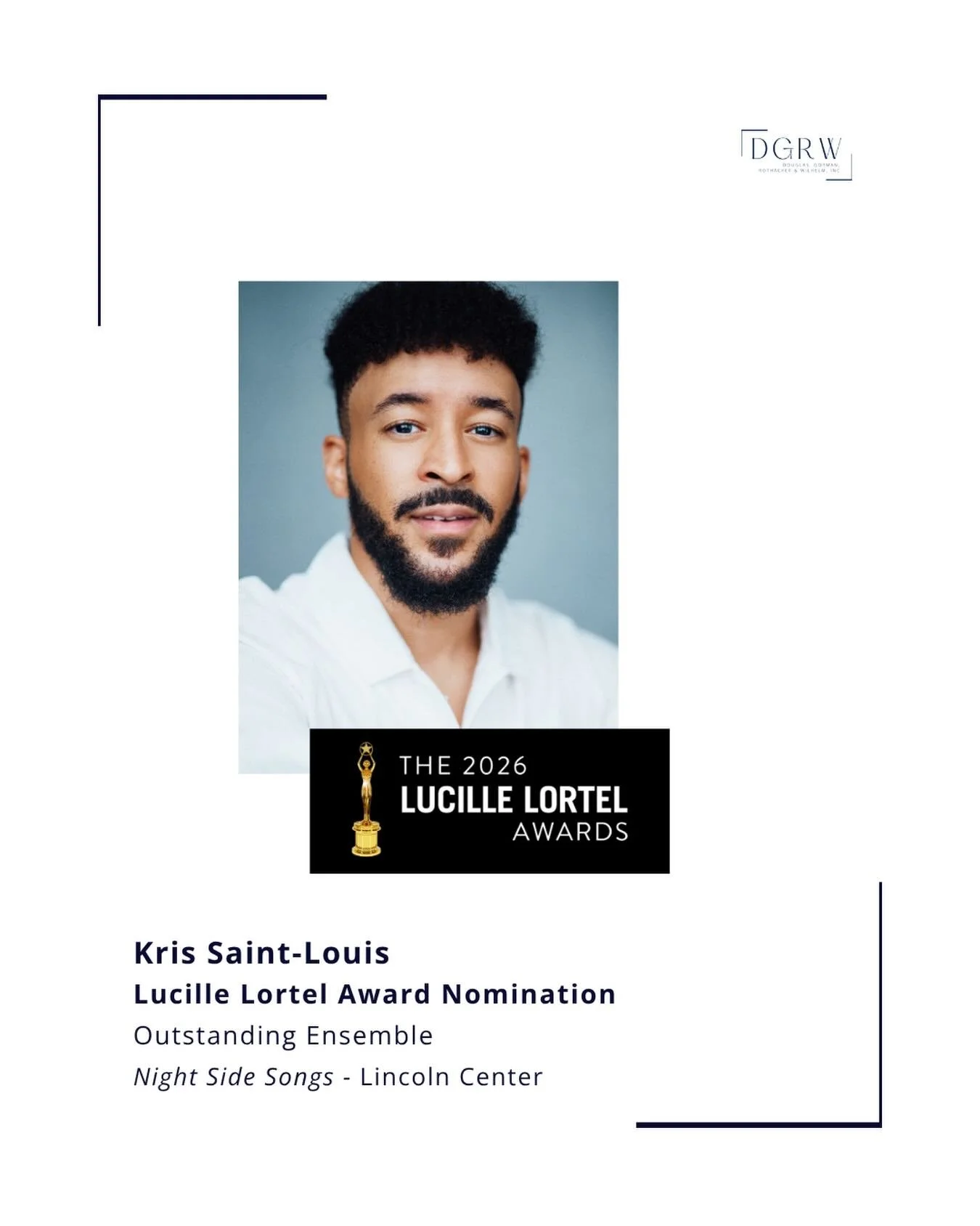 Congratulations to @kris.stl - nominated for the 2026 Lucille Lortel Award for Outstanding Ensemble in NIGHT SIDE SONGS at @lctheater! ⭐️