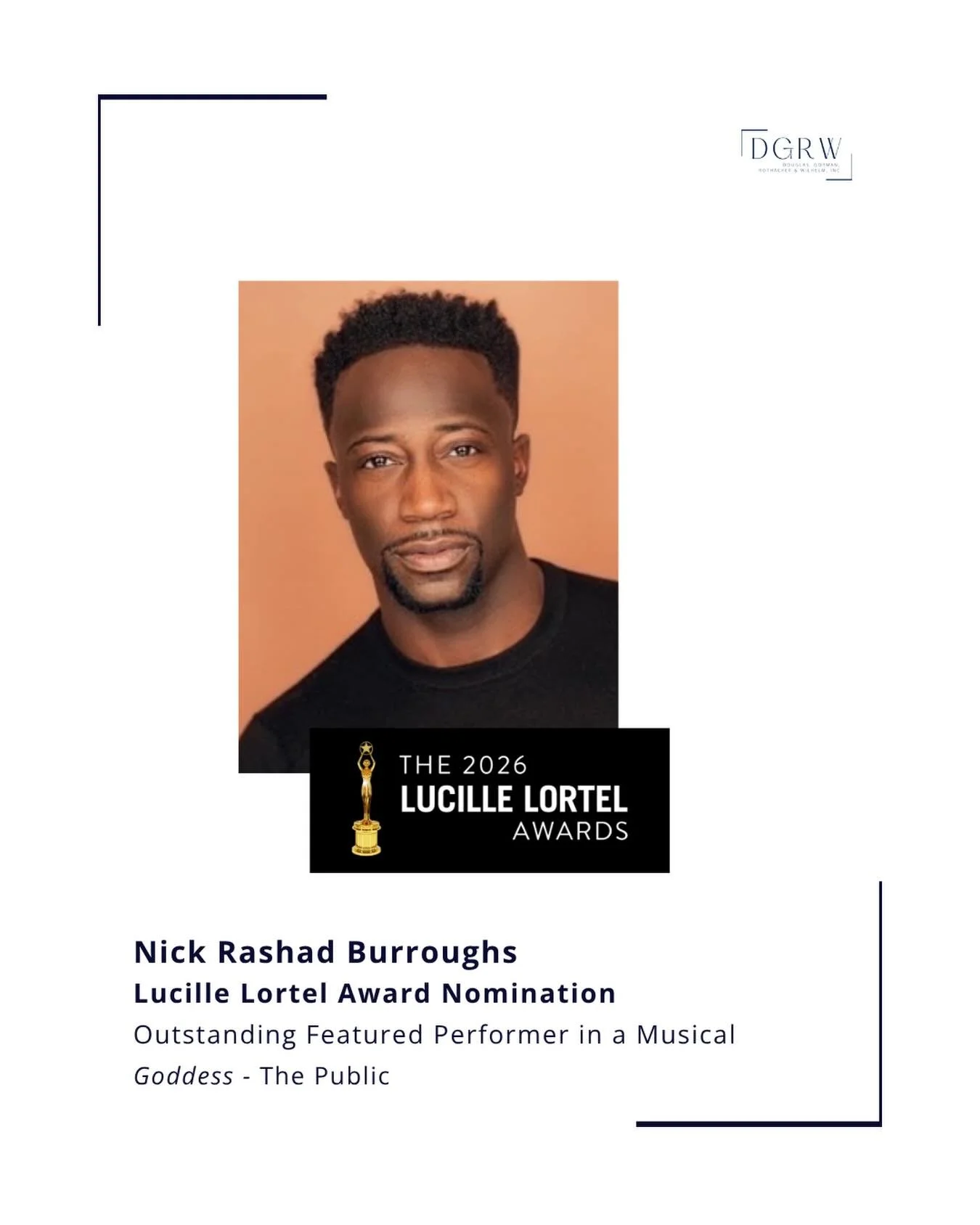 Congratulations to @nickrburroughs - nominated for the 2026 Lucille Lortel Award for Outstanding Featured Performer in a Musical for GODDESS at @publictheaterny! ⭐️