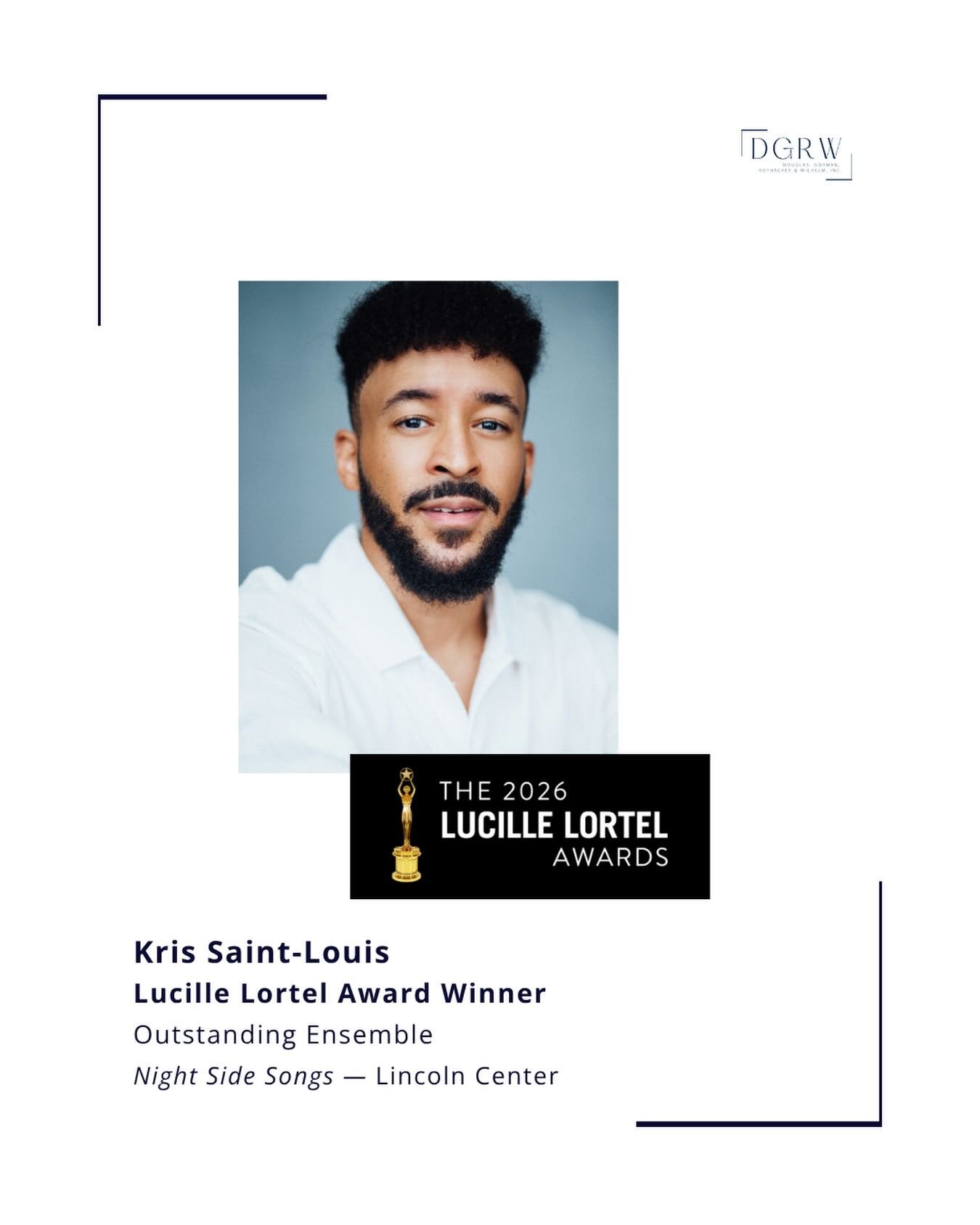 Congratulations to @kris.stl - Winner of the Lucille Lortel Award for Outstanding Ensemble for NIGHT SIDE SONGS at @lctheater! ⭐️