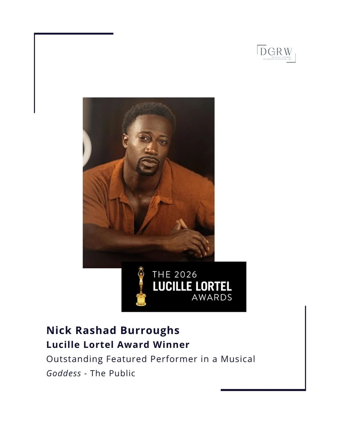 Congratulations to @nickrburroughs, winner of the Lucille Lortel Award for Outstanding Featured Performer in a Musical for GODDESS at @publictheaterny! ⭐️