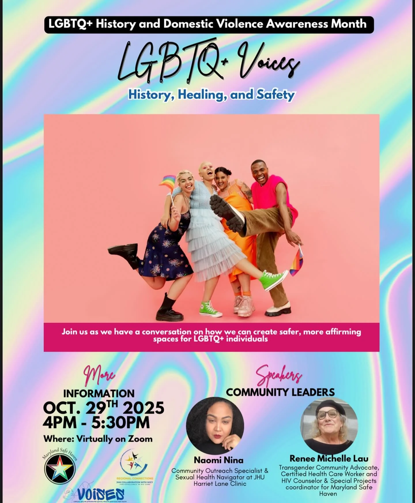 This month is both LGBTQ+ History and Domestic Violence Awareness Month and we will be creating a safe space to discuss the intersectionality of both.
Please join us on October 29th from 4-5:30pm @mdsafehaven Renee, as we have a real, empowering, a