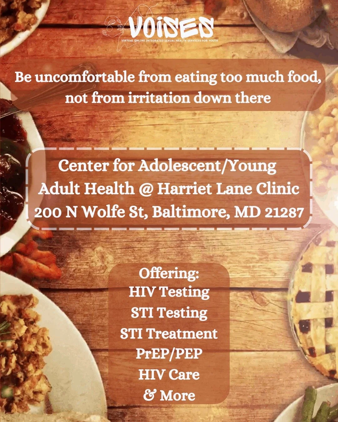 Give thanks and be joyous! Confidential sexual health screenings and treatments are here! Now your status and go into cuffing season confidentially. 

#sexualhealth #HIVprevention #STItesting #thanksgiving #youthhealth