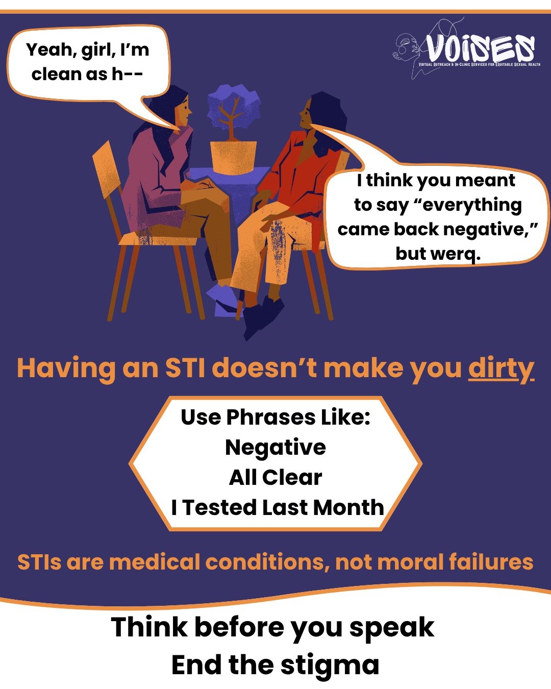 Saying you're "clean" isn't the flex you think it is. No one is "dirty" if they have a STI. It's a medical condition, not a moral failure. Be compassionate; change your language, 

#sexeducation #STIstigma #STIprevention #culture 