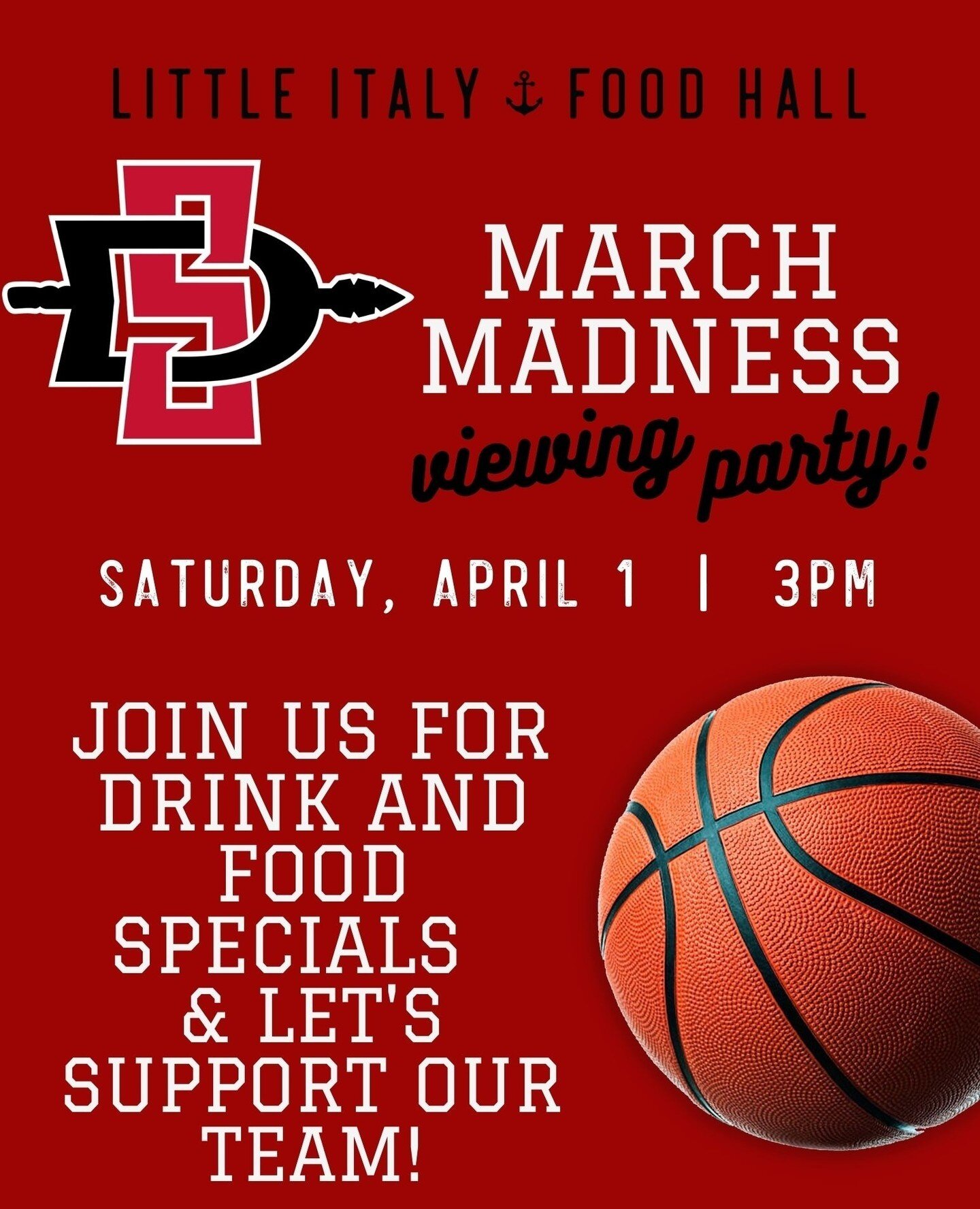 LET'S GO AZTECS!!🏀⁠
Saturday, April 1st at 3pm - Come by the Food Hall to watch the San Diego State Aztecs in the Final Four. Grab some food and drink specials and let's see support our team!⁠
Grab food from our awesome stations!⁠
Ambrogio15⁠
Sambur