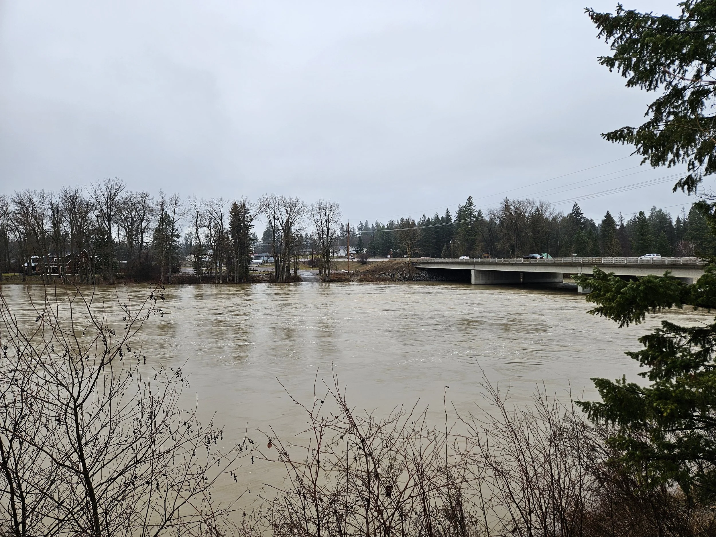Friday, Dec. 12th, 2025 12:49 MST Mainstem of Flathead River looking west towards Teakettle River Boat Launch downstream of HWY 2 Bridge, near Columbia Falls, MT Photo Credit: Sheena Pate