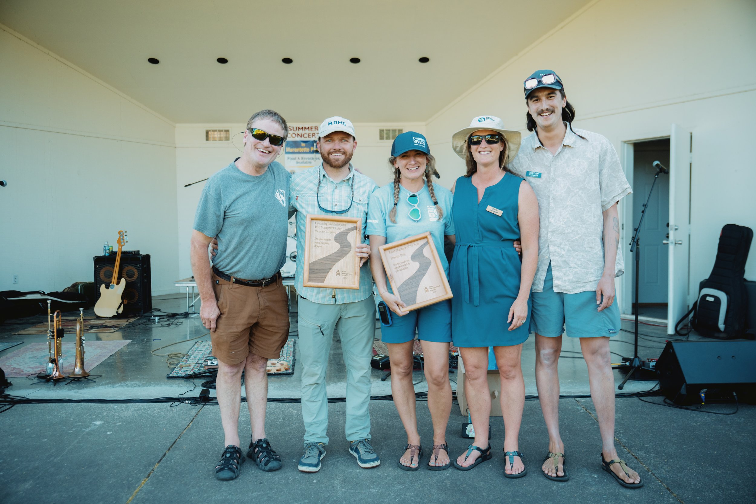 RMS award recipients and society members at 2026 River FestFrom left to right: David Cernicek (Bridger-Teton National Forest), Cannon Colgrove (MTFWP), Sheena Pate (FRA), Lisa Ronald (American Rivers), Geoffrey Gill (FRA) - Photo by Aaron Agosto