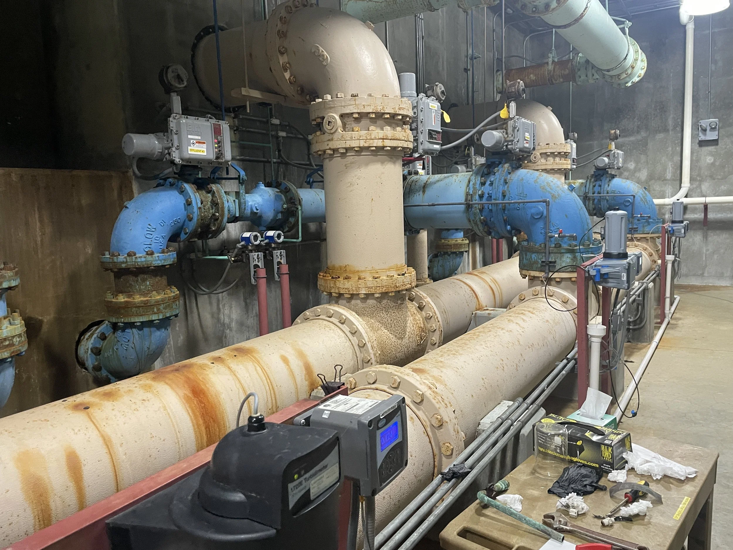 Large diameter pipes transporting clean drinking water in Crossville, Tennessee's Meadow Lake Water Treatment Plant