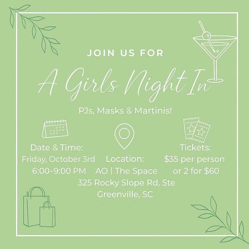 ✨ PJs, Masks &amp; Martinis ✨
A Girls Night In &mdash; because self-care is better with friends 💚

📅 Friday, Oct 3 | 6&ndash;9PM
📍 AO | The Space
🎟️ $35 per person or 2 for $60

Includes martinis, small bites, raffles, giveaways &amp; an exclusiv
