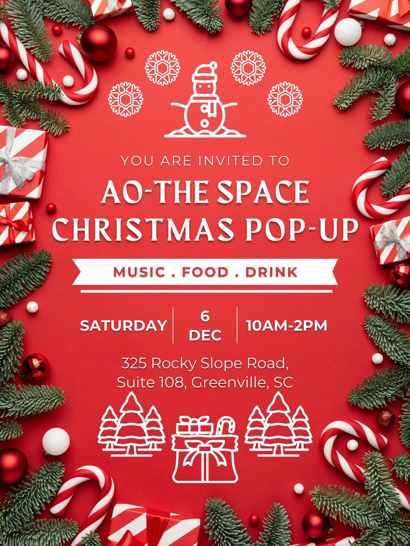 Calling all local vendors and small businesses!
AO | The Space is hosting a Christmas Pop-Up on Saturday, December 6th from 10 AM&ndash;2 PM.
Join us for a festive day of music, food, drinks, and holiday shopping.
If you&rsquo;re interested in being 