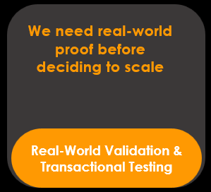 Text on a dark background that says 'We need real-world proof before deciding to scale' with an orange button below it that reads 'Real-World Validation & Transactional Testing' in white font.