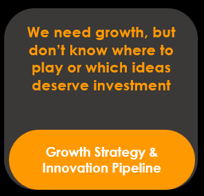 A dark background with orange text that says, 'We need growth, but don't know where to play or which ideas deserve investment.' An orange rounded rectangle at the bottom contains white text that reads, 'Growth Strategy & Innovation Pipeline.'