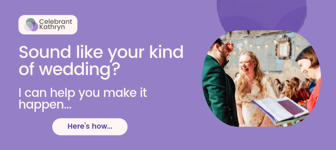 A purple box with an image of a humanist wedding ceremony led by Kathryn the couple are smiling and enjoying their humanist wedding ceremony.