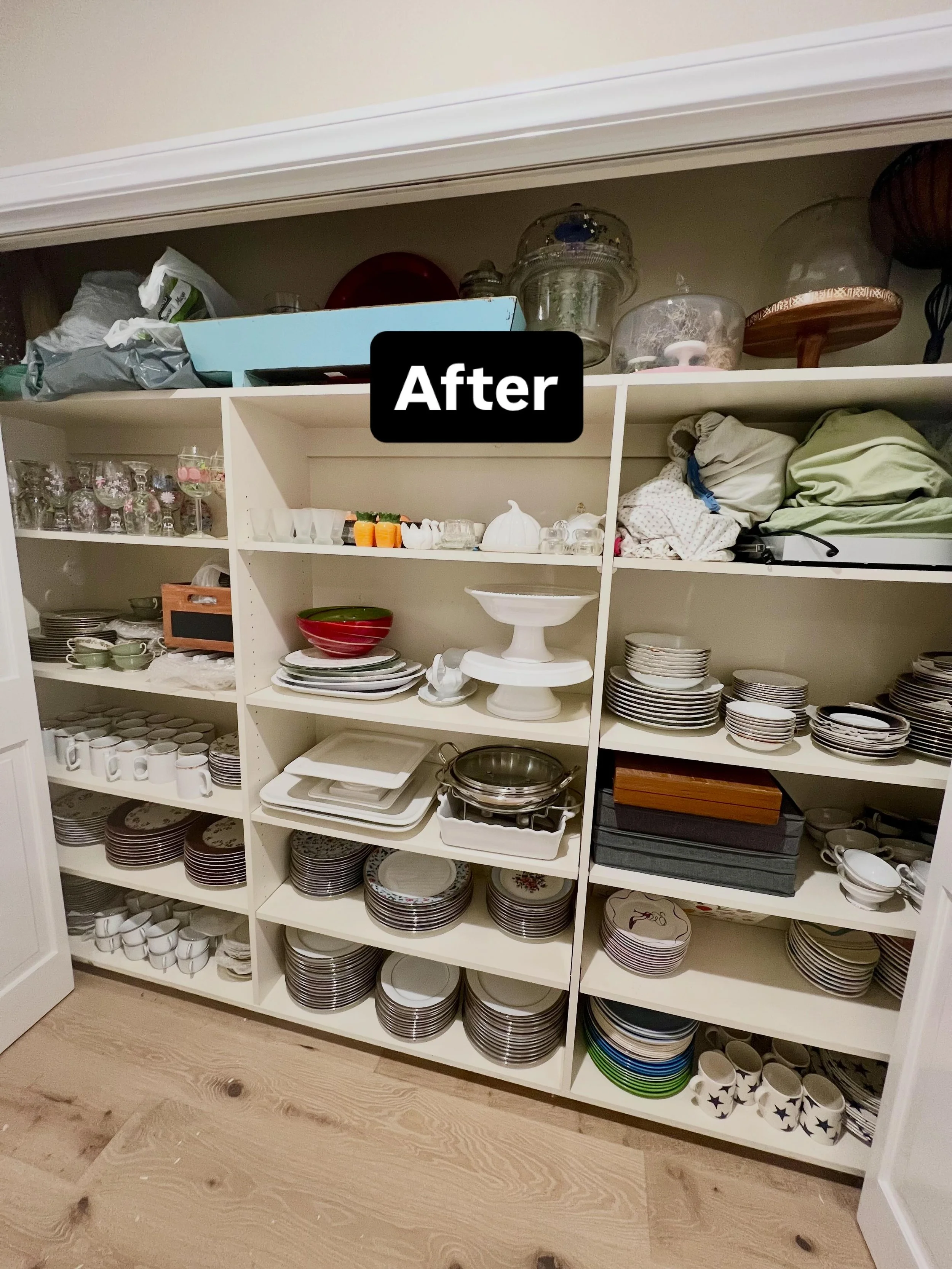 Refresh of an entertaining closet.
Details: added 3 more shelves, removed storage bags hiding visual cues, placed most used items within easy reach, decluttered least favorites
#stacysorts #professionalorganizer #organizedhome #temecula #murrieta