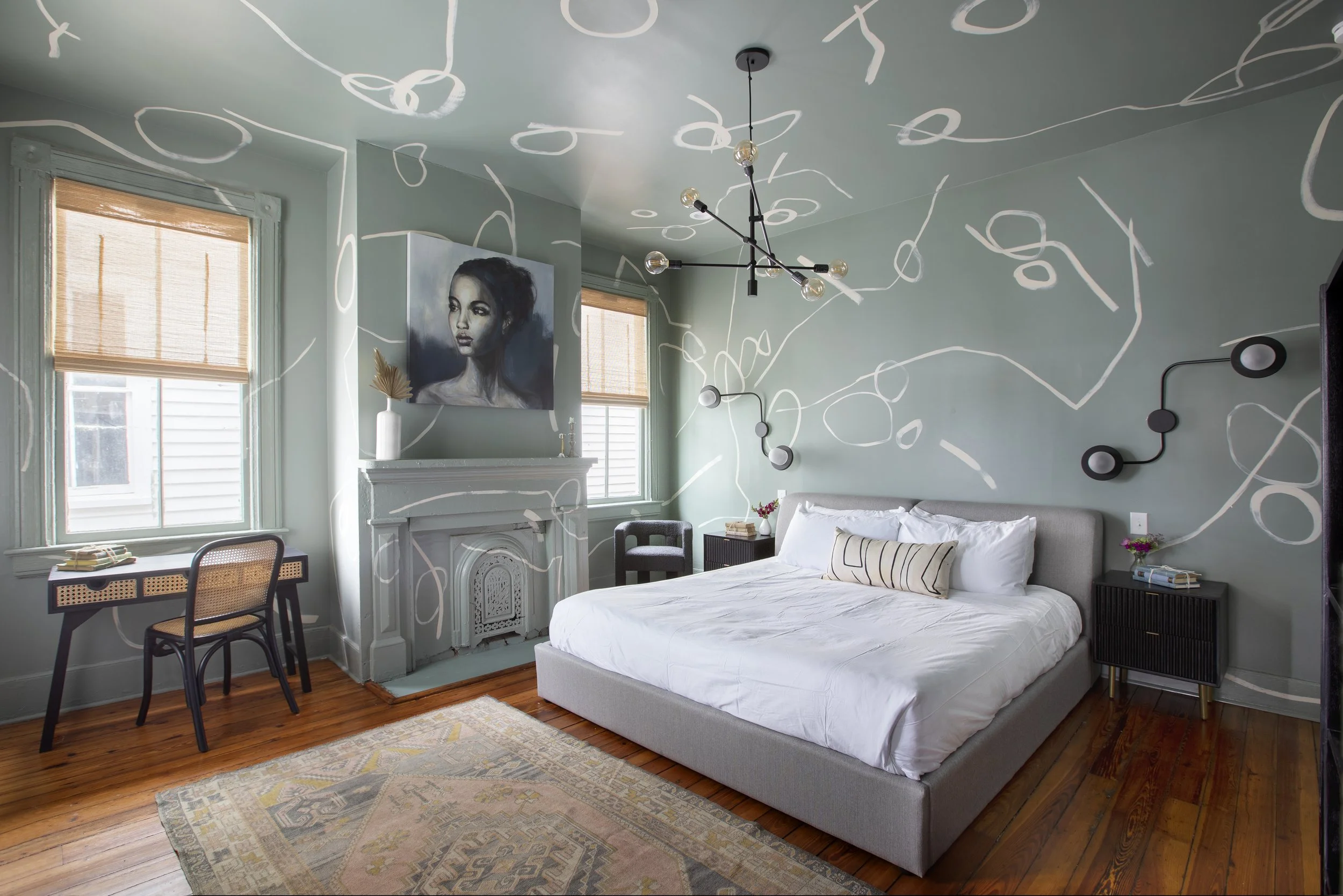Interior pattern mural installation by Magik Studios in bedroom at vacation rental in Charleston, South Carolina