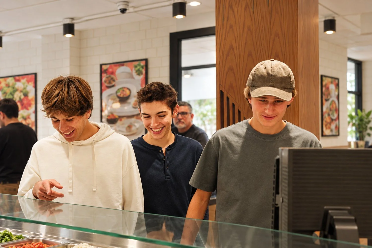 Guests choosing toppings at the Pokerrito counter