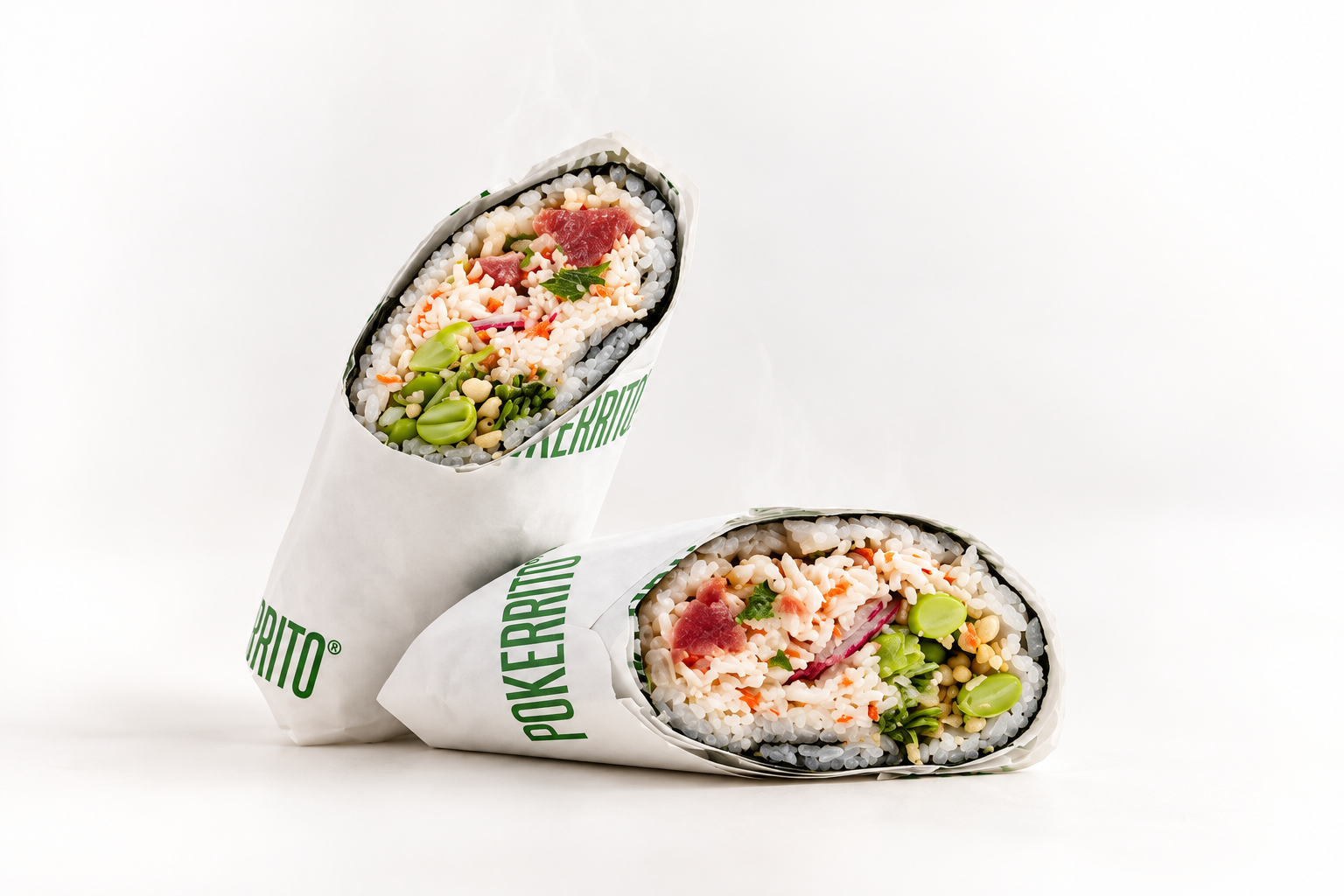 Pokerrito Ahi Tuna warm sushi burrito, cut in two with a clear view of the fillings
