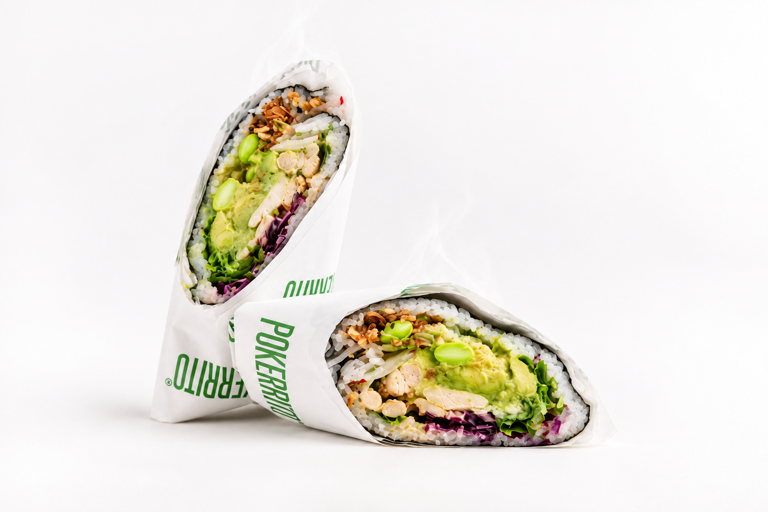 Pokerrito Roasted Chicken warm sushi burrito, cut in two with a clear view of the fillings