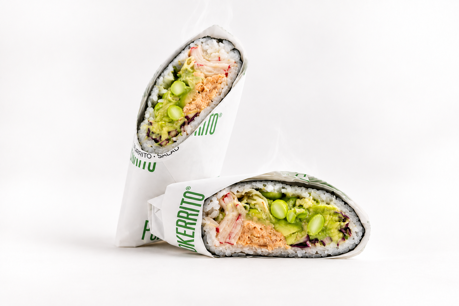 Pokerrito Miso Salmon warm sushi burrito, cut in two with a clear view of the fillings
