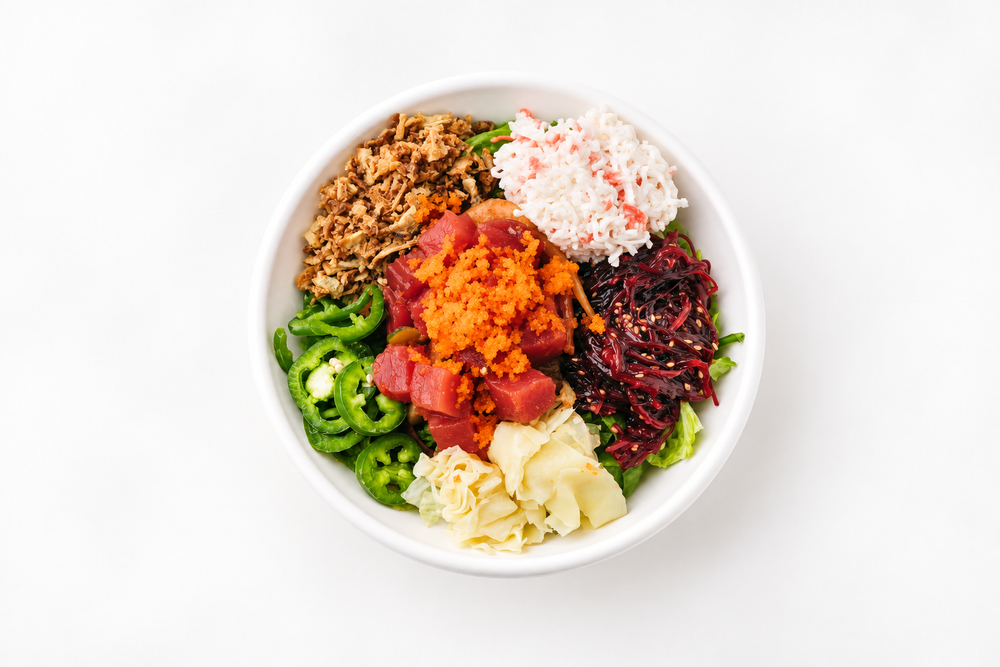 Diamond Head spicy classic poke bowl with spicy tuna, jalapeno and crispy onion