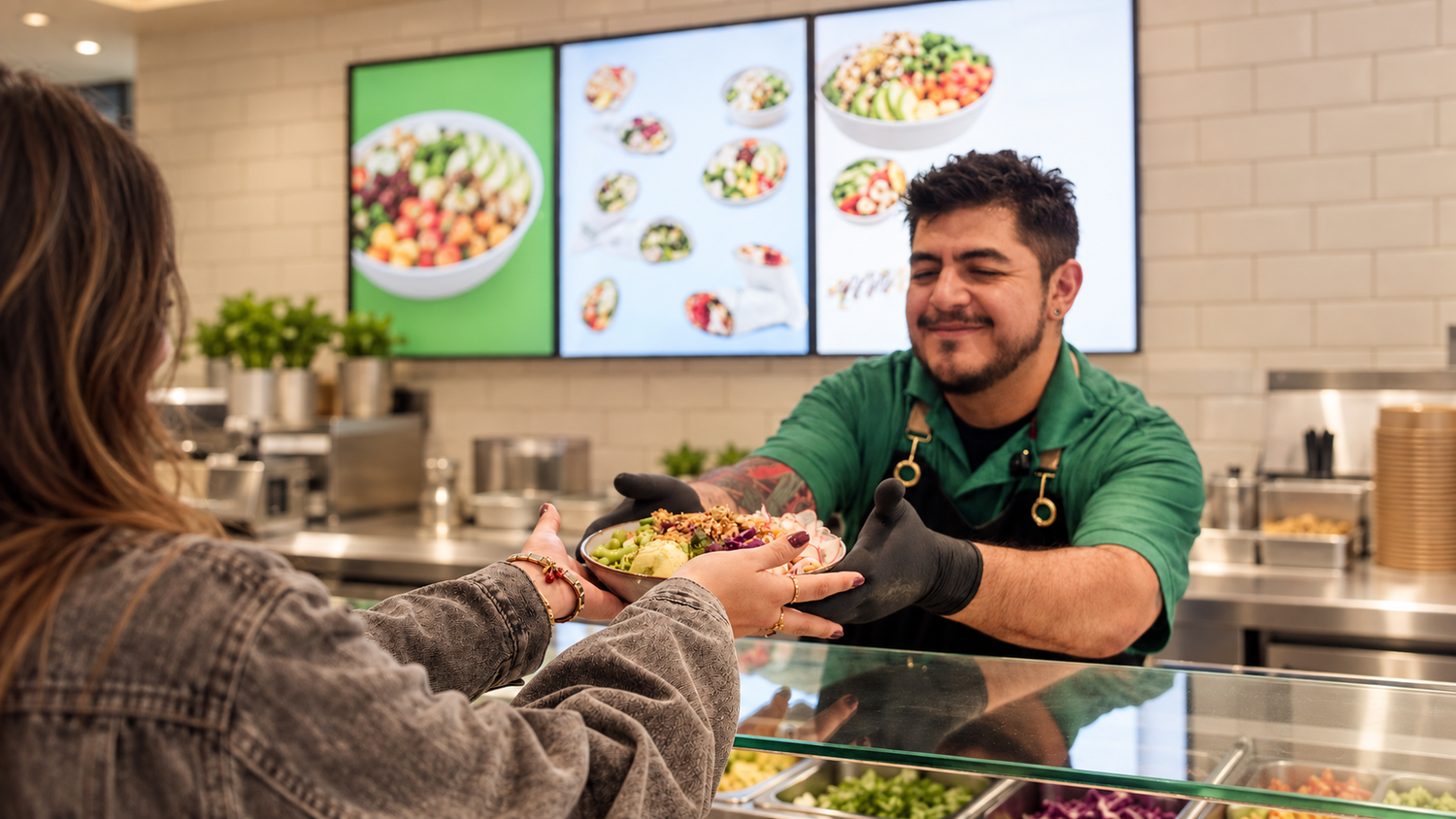 A Pokerrito team member handing a freshly made poke bowl to a guest at the counter