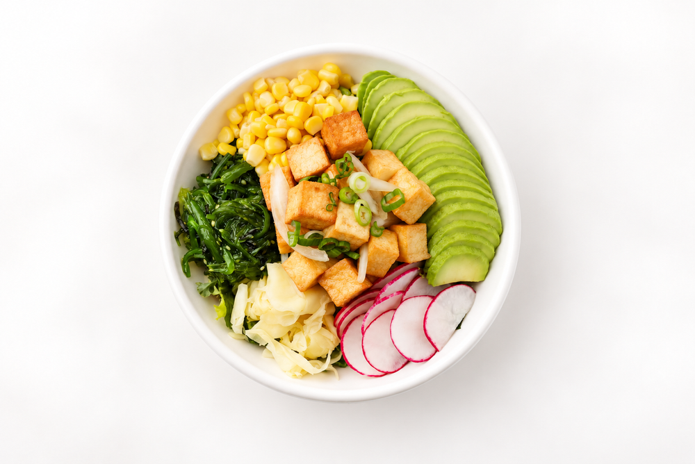 Pokerrito Sunset Beach poke bowl with fried tofu, avocado, sweet corn and edamame