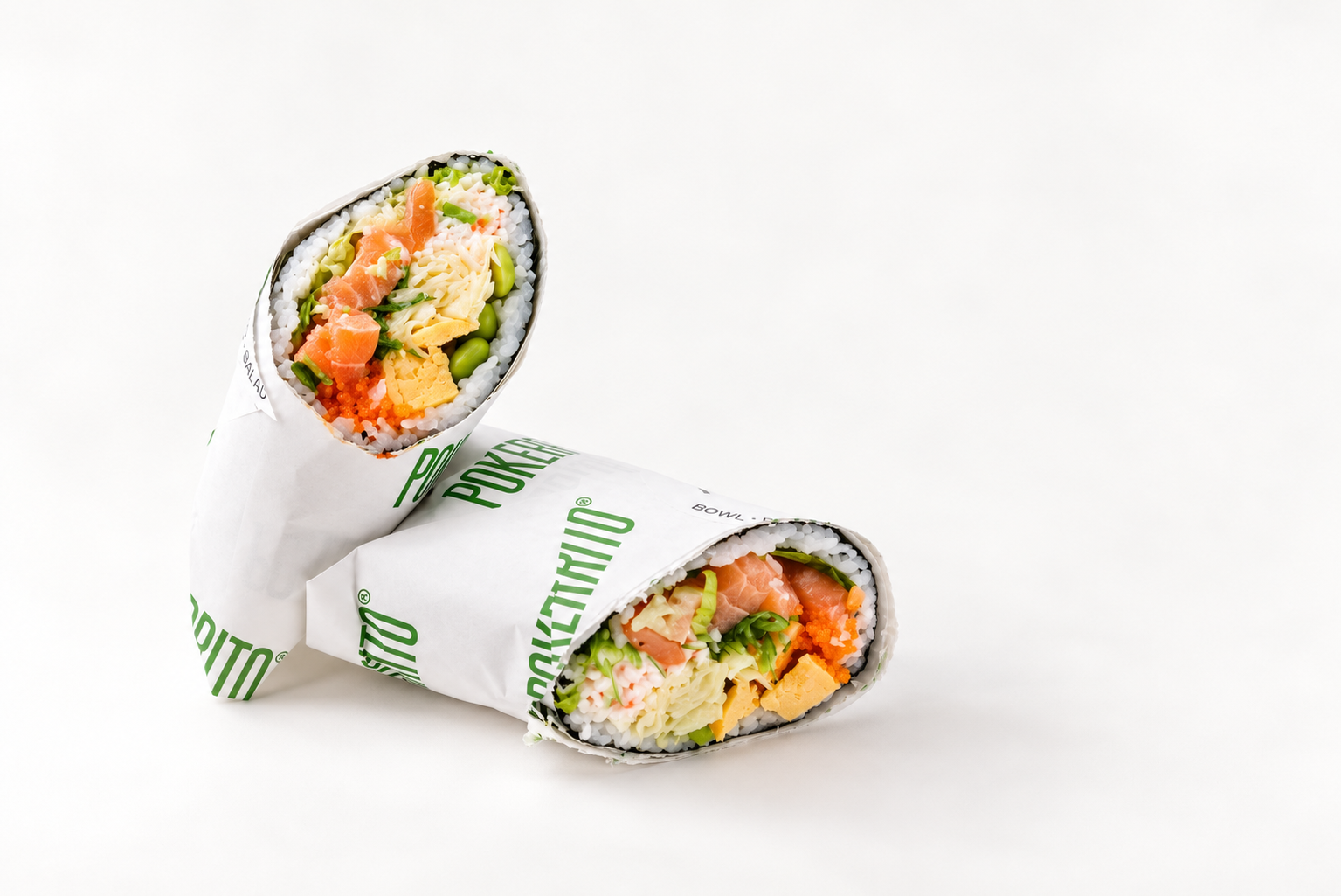 Pokerrito Hanauma sushi burrito, cut in two to show the fresh fillings