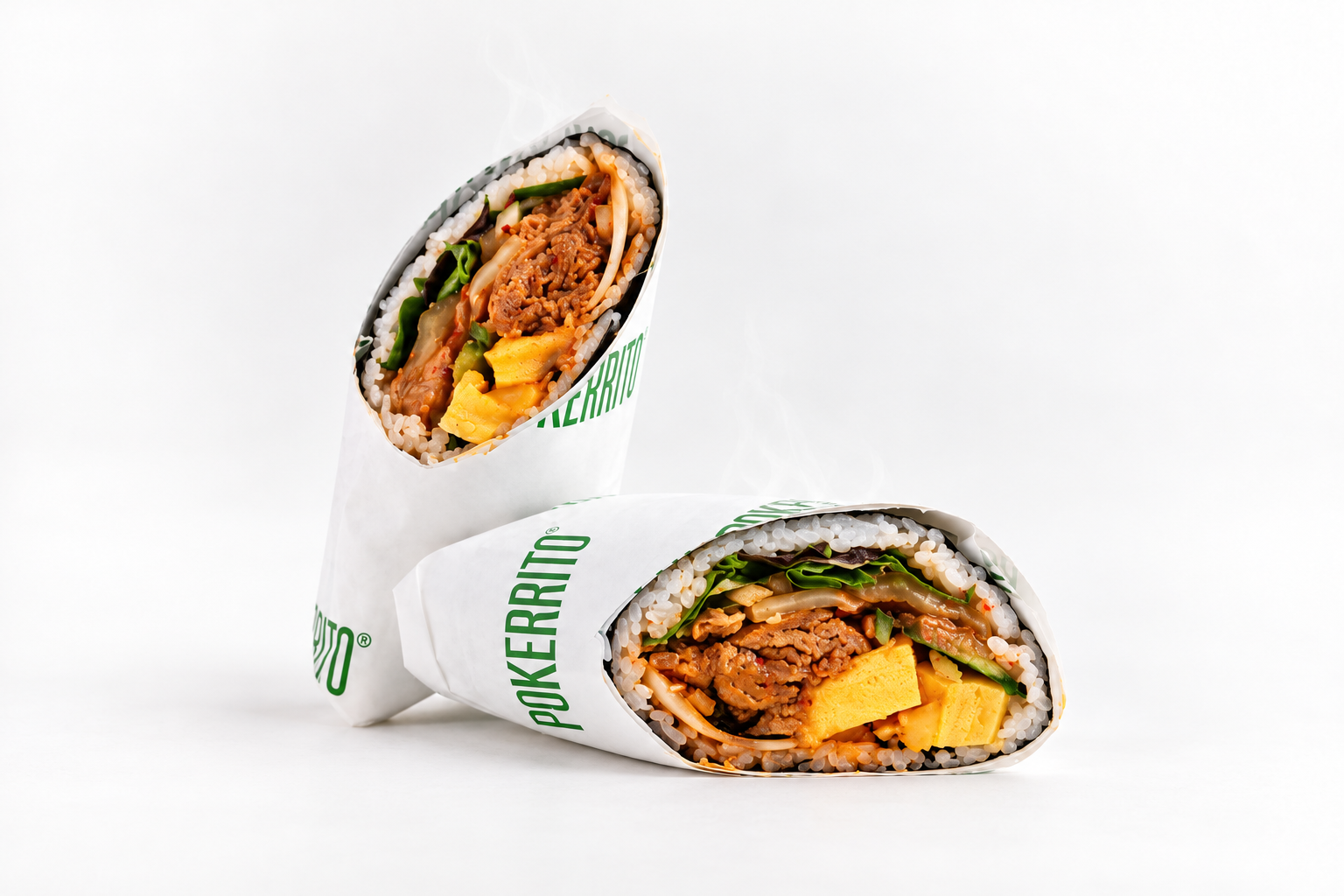 Pokerrito Spicy Pork warm sushi burrito, cut in two with a clear view of the fillings