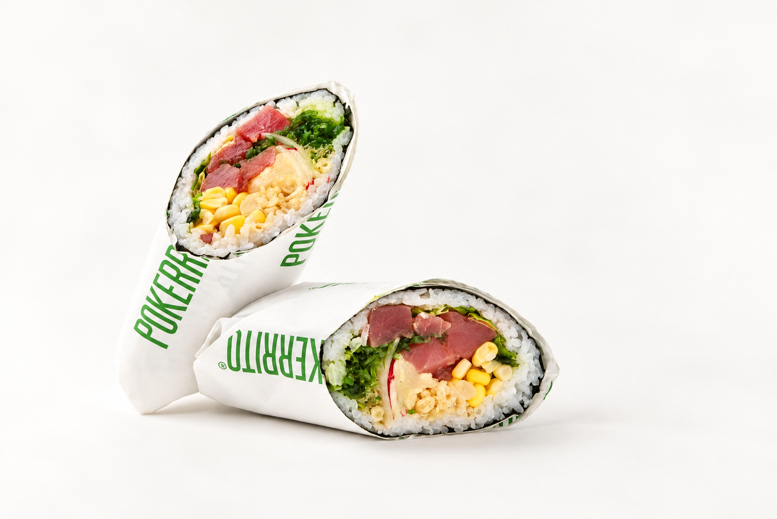 Pokerrito Hawaiian Classic sushi burrito, cut in two to show the fresh fillings