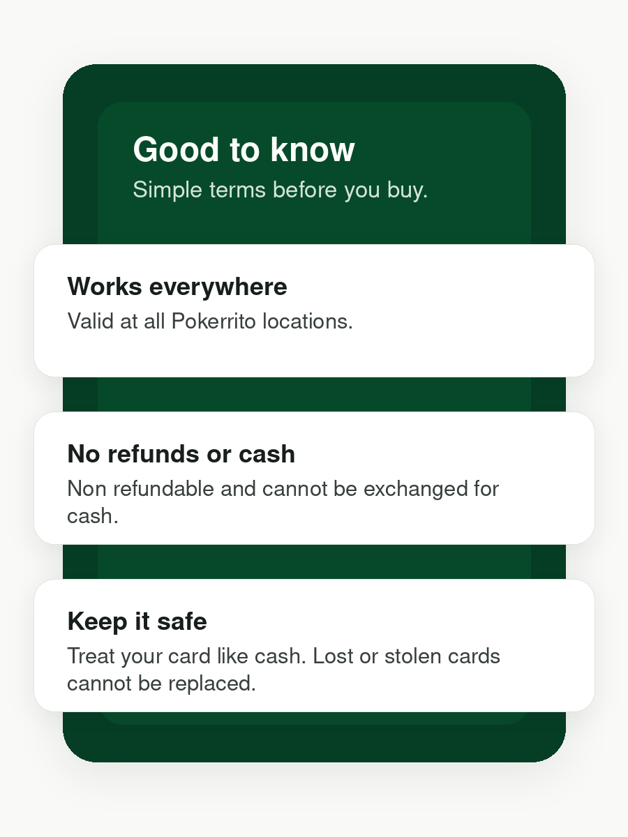 A mobile phone screen displaying a list of simple terms about using a card, including tips such as 'Works everywhere' and 'No refunds or cash', with a green background and white overlay.