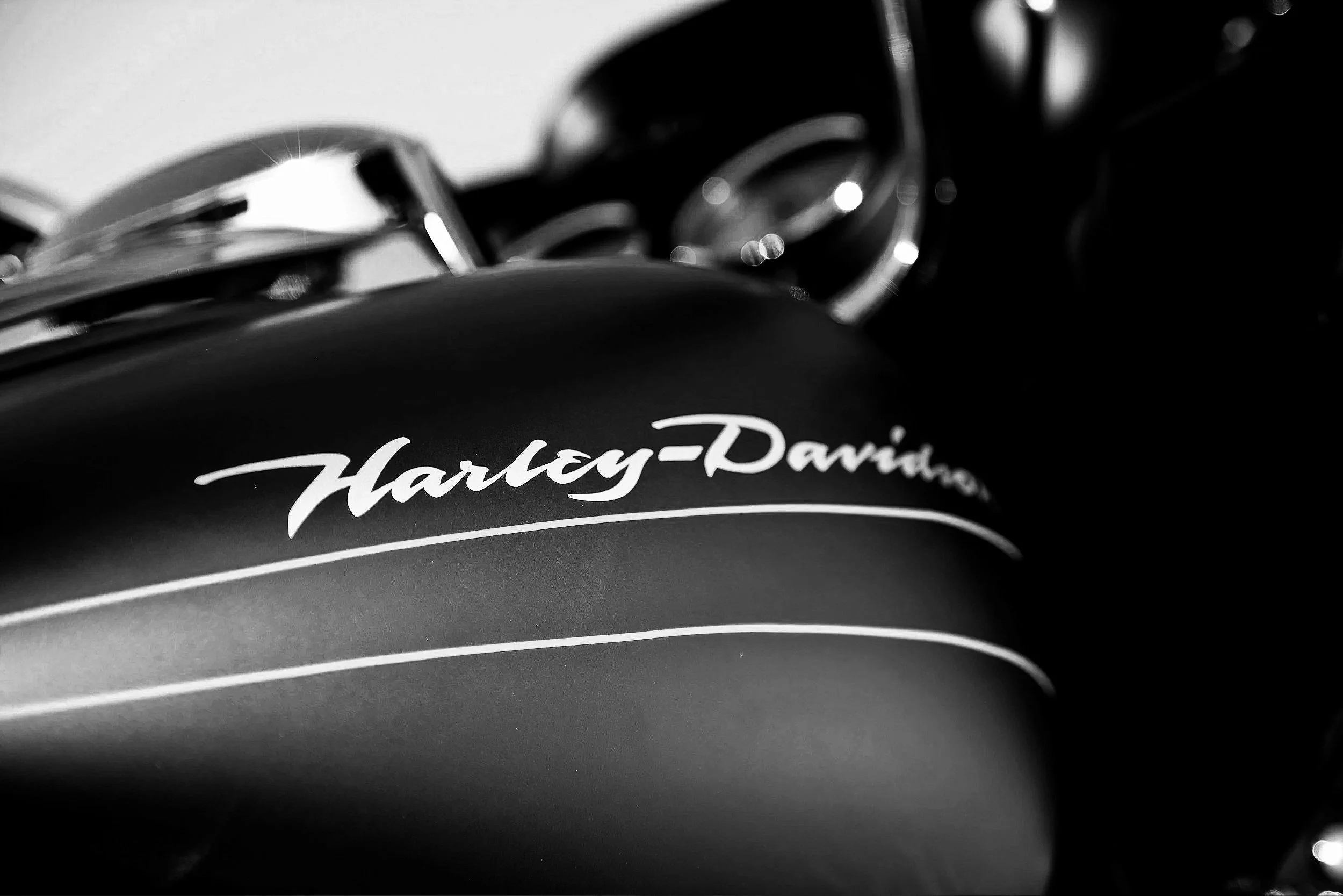 Close-up of a Harley-Davidson motorcycle tank with the logo, black and white photo.