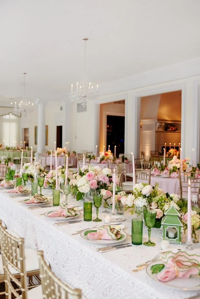 Cincinnati Country Club Wedding, Bright Summer wedding with shades of pink and green and a curated collected tabletop decor aesthetic mimicking Mrs. Alice