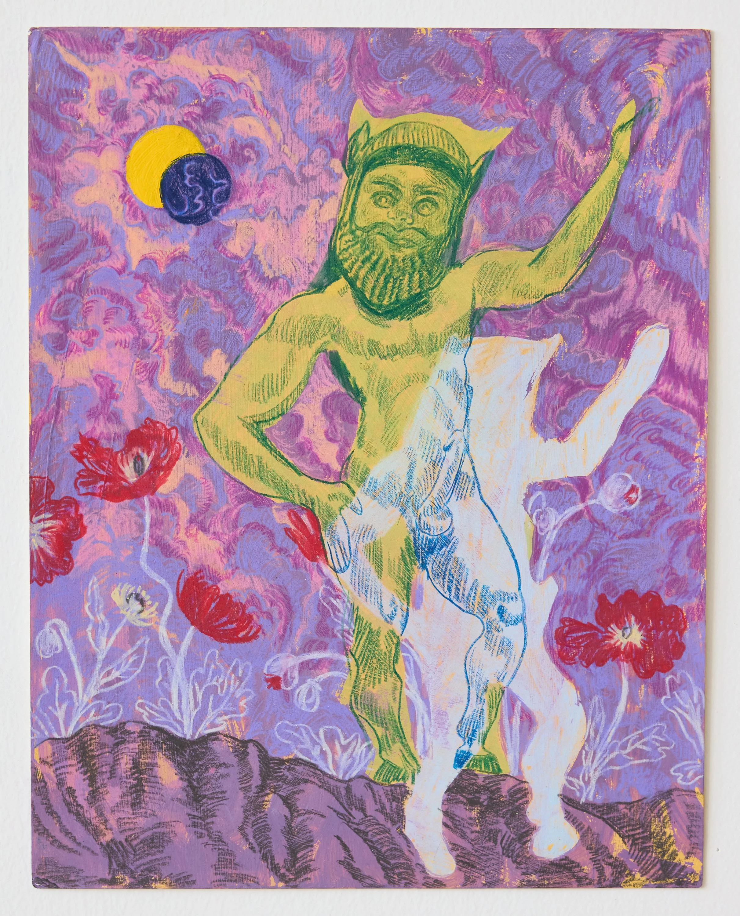 "Satyr Eclipse" / 11"x14" / Acrylic Paint, Wax Crayon and Colored Pencil on Paper / 2024