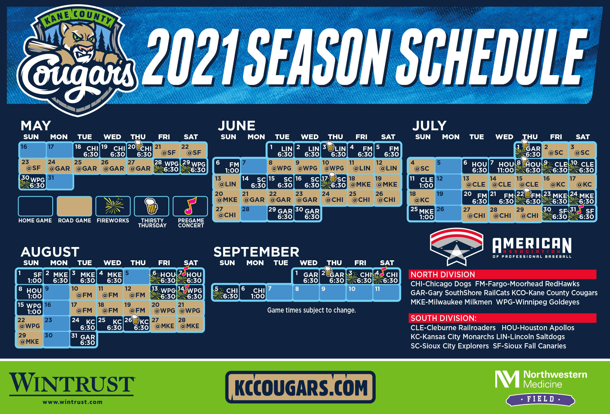 Kane County Cougars Schedule 2022 2021 Schedule Released! — Kane County Cougars