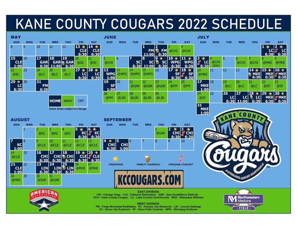 Kane County Cougars Schedule 2022 Cougars Announce 2022 Schedule — Kane County Cougars
