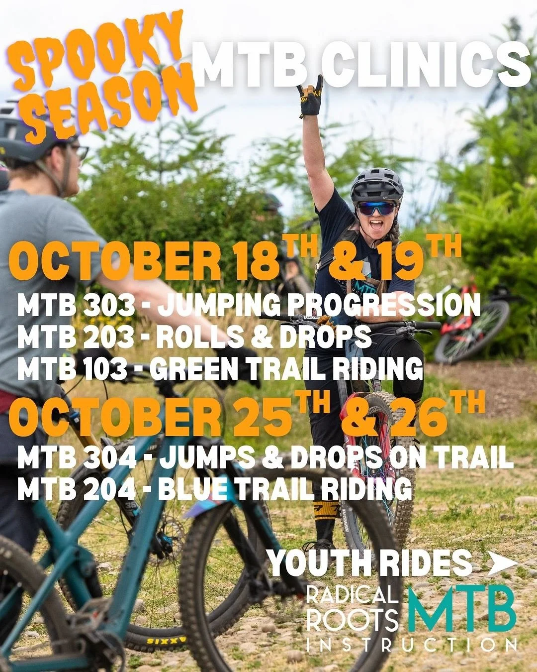 Join us in wrapping up the 2025 season the right way!! Two jam packed weekends of clinics, multiple youth drop in rides, and a youth trail side first aid course! 🍂 

🔗link in bio for course info and registration 

#MTBCoaching #RadicalRootsMTB #MTB