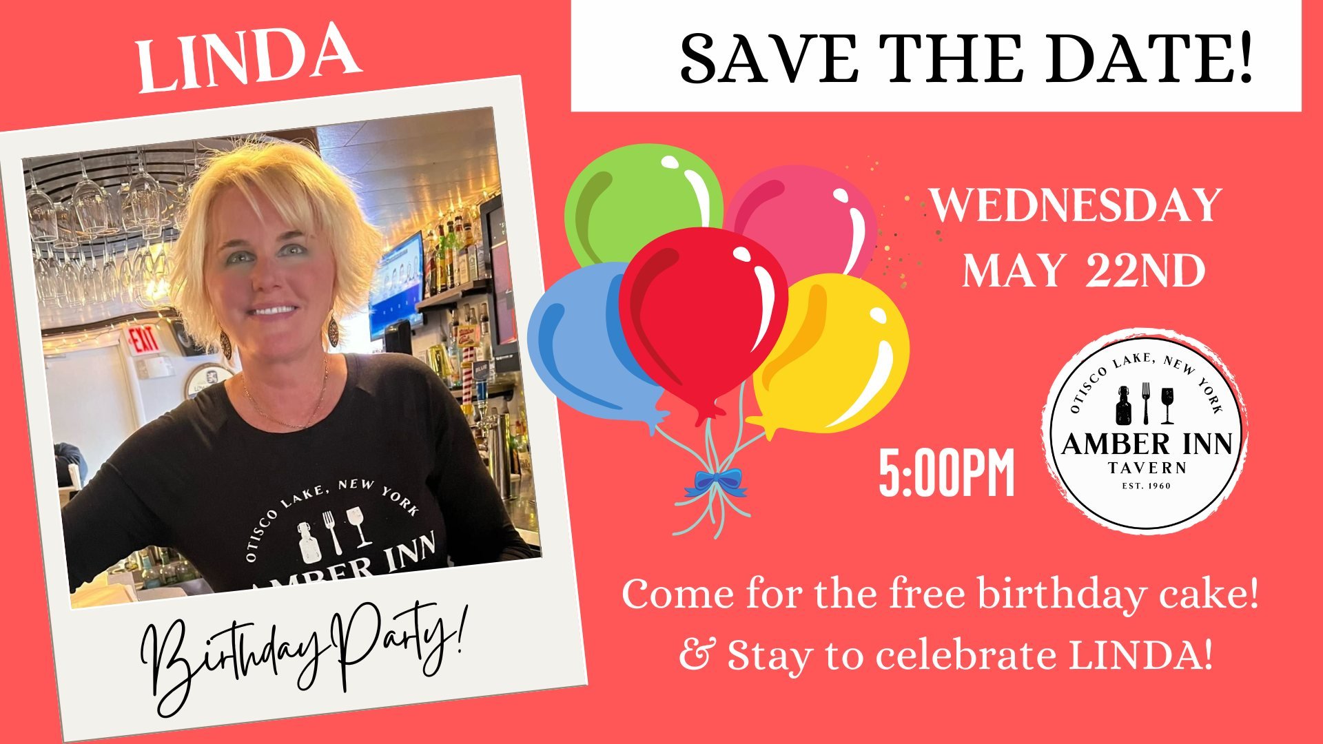 Celebrate Linda at Amber Inn tonight at 5:00 pm 🎈🎊

Enjoy a slice of birthday cake with the birthday girl 🎂

HAPPY BIRTHDAY LINDA! 🥂

#teambirthday #amberinnny