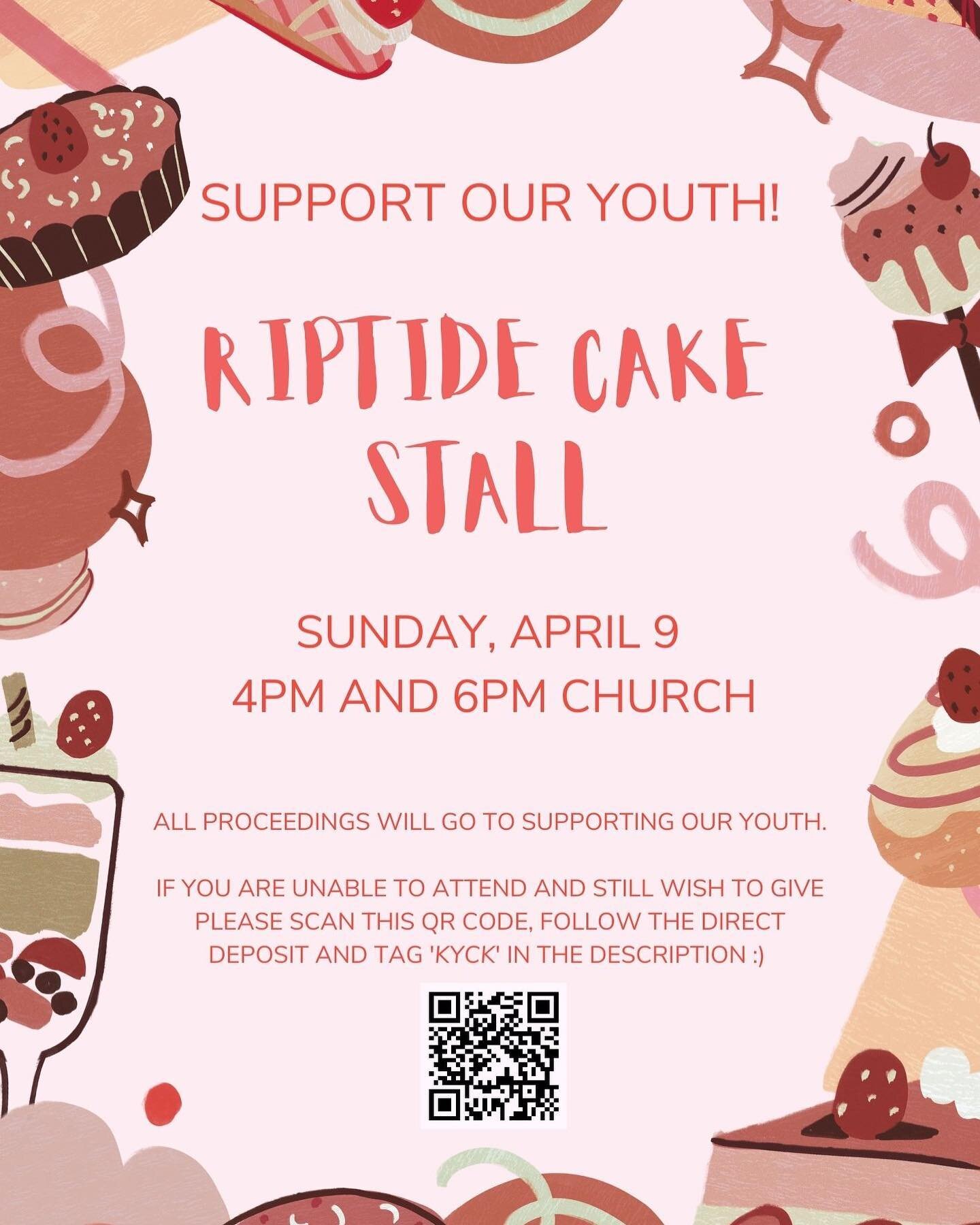 Come along this Sunday to support our youth as they raise money for KYCK with an overpriced cupcake stall! The stall will be at 4pm and 6pm. 
And if you&rsquo;re a youth and coming to KYCK don&rsquo;t forget to bring some baked goods along to sell!!