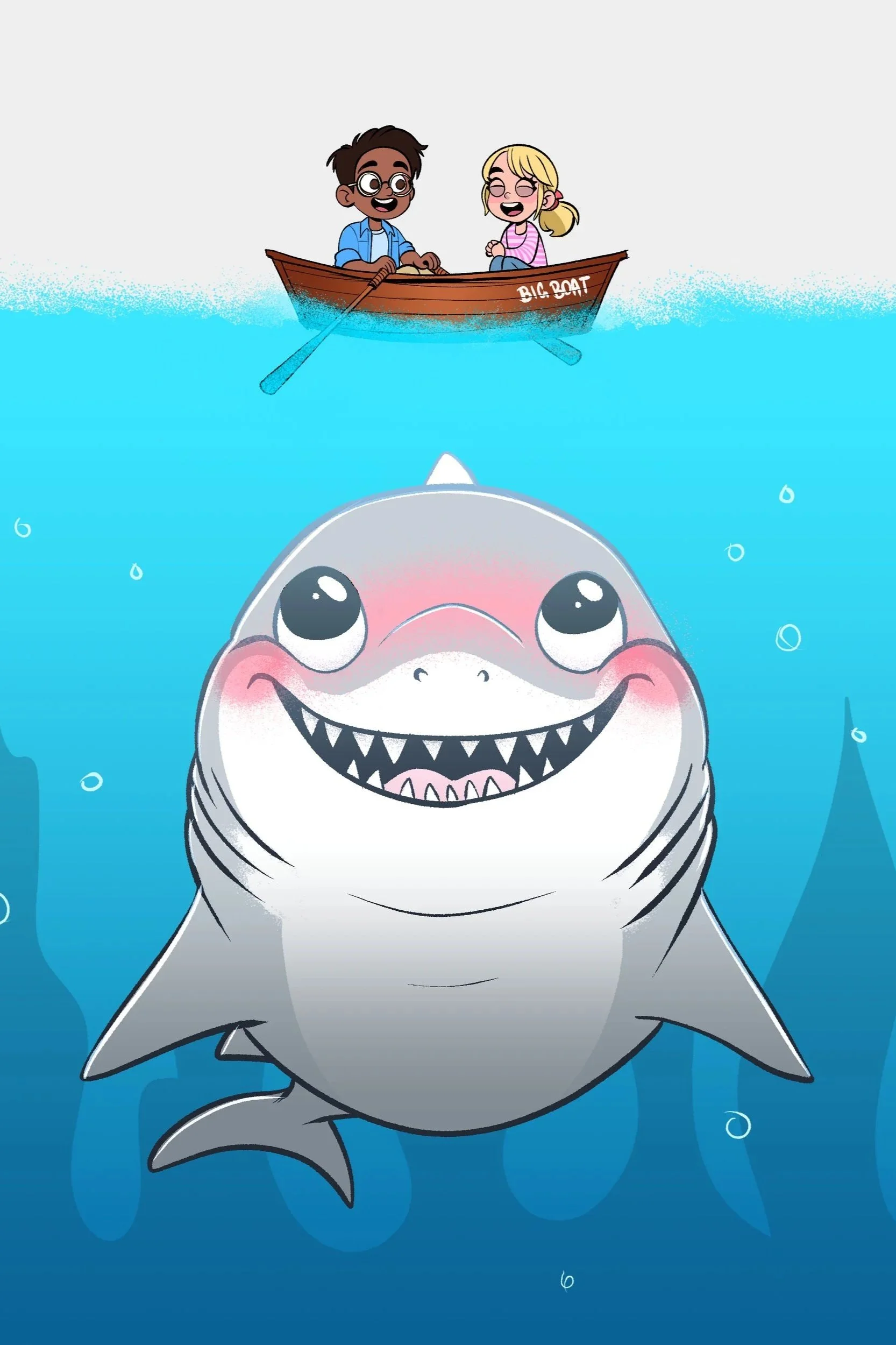 two smiling children row a boat while a big happy shark looks up at them from under the waterline
