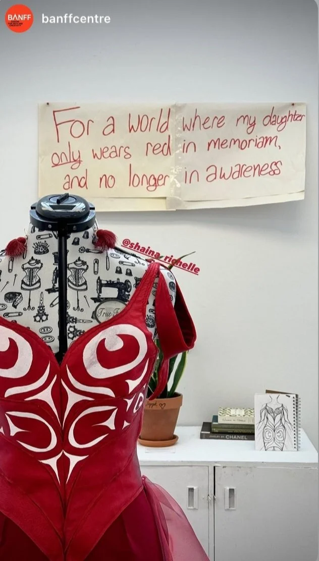 Hummingbird / Daughter / Ascendant dress, Red reindeer tufted earrings, Banff Centre Indigenous Haute Couture Residency 2024.