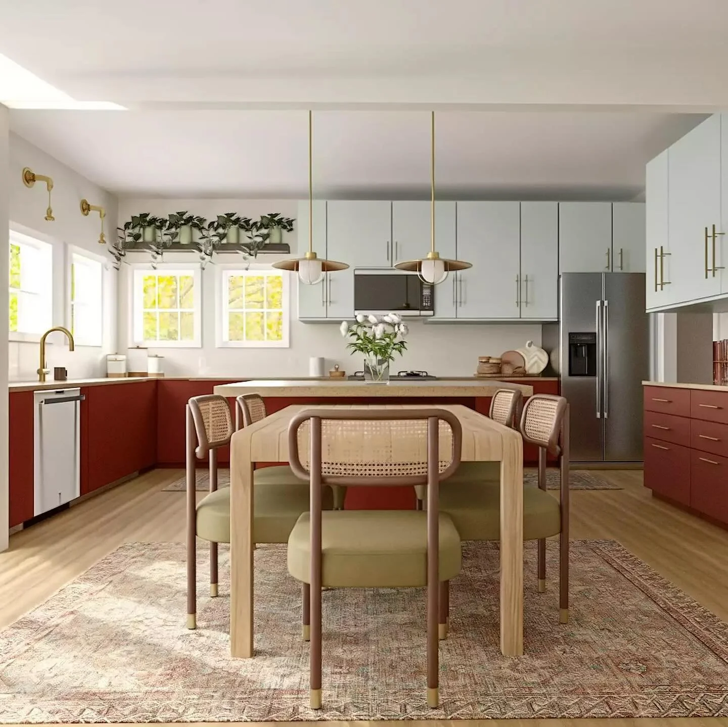 Newest 3D images for an Indian inspired home design in the middle of the Maryland woods. We focused on pulling together elements of bone inlay, brass fixtures, and balanced deep rust tones -blending newer updates with generational family heirlooms. I