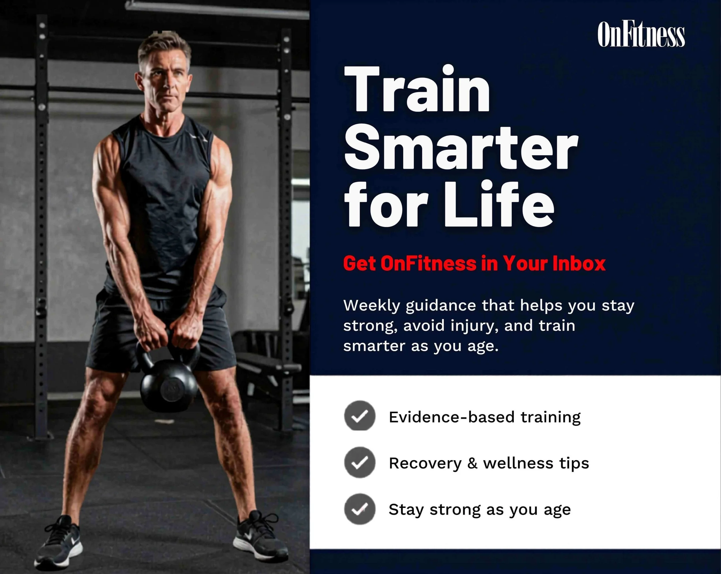 Man exercising with kettlebell to promote OnFitness Magazine newsletter