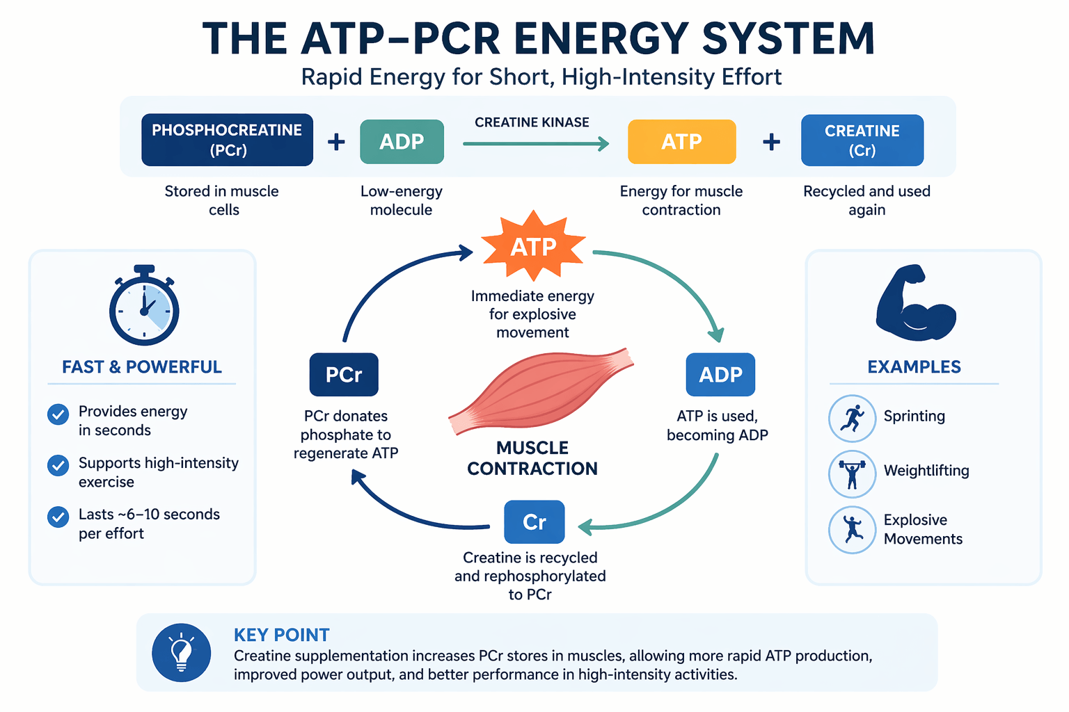 Diagram showing the ATP-PCr energy system and how creatine supplementation supports rapid energy production during high-intensity exercise.