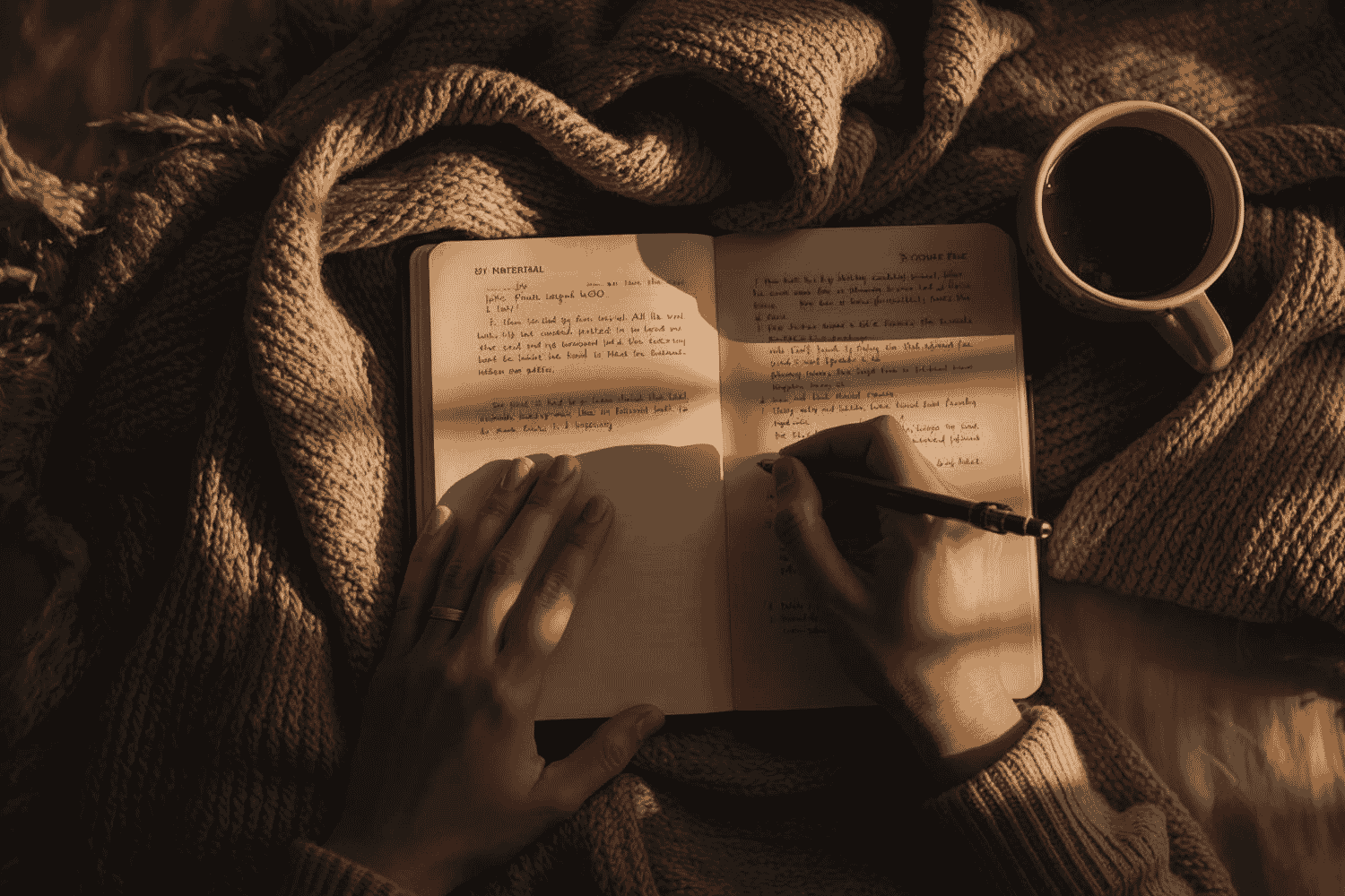 Hands writing in a journal beside herbal tea as part of a calming recovery routine.
