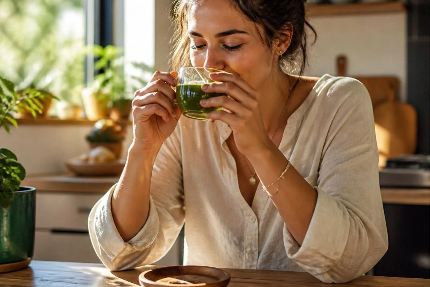 Woman over 50 enjoying a cup of green tea