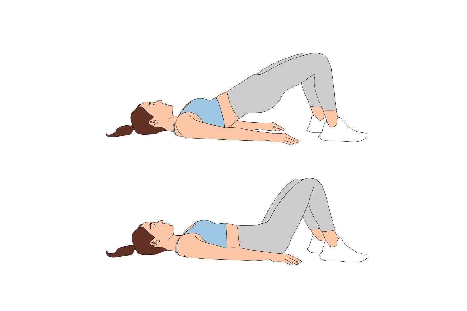 Glute bridge exercise showing start and top positions, demonstrating hip extension to strengthen glutes and support pelvic alignment.